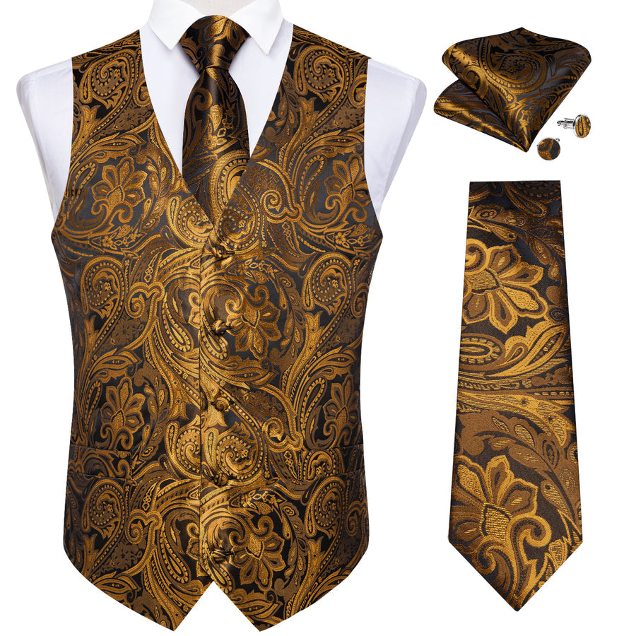 Gold Brown Paisley Flower Silk Vest Set vest set    - Sophisticated Gentlemen