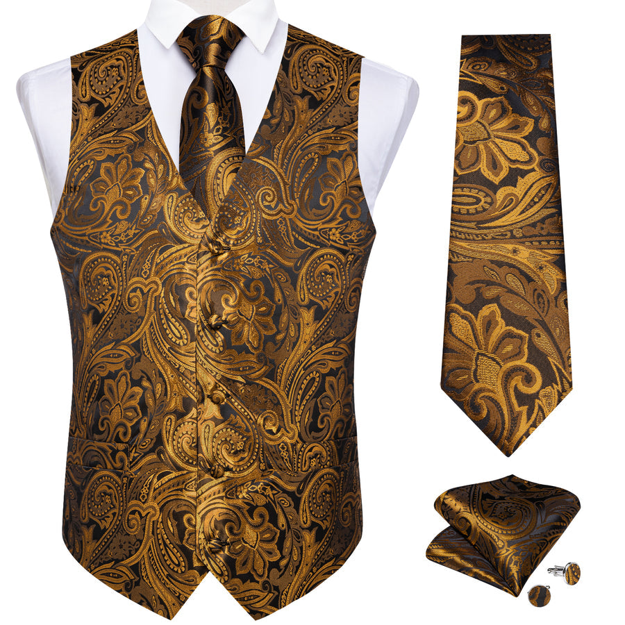Gold Brown Paisley Flower Silk Vest Set vest set    - Sophisticated Gentlemen