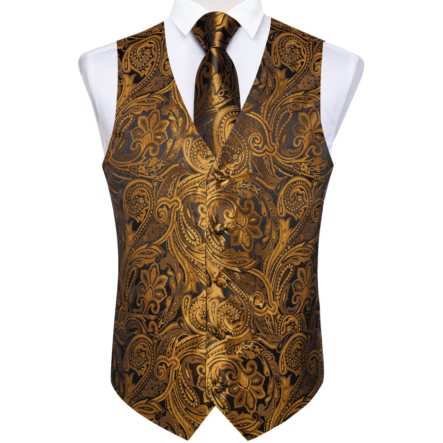 Gold Brown Paisley Flower Silk Vest Set vest set    - Sophisticated Gentlemen