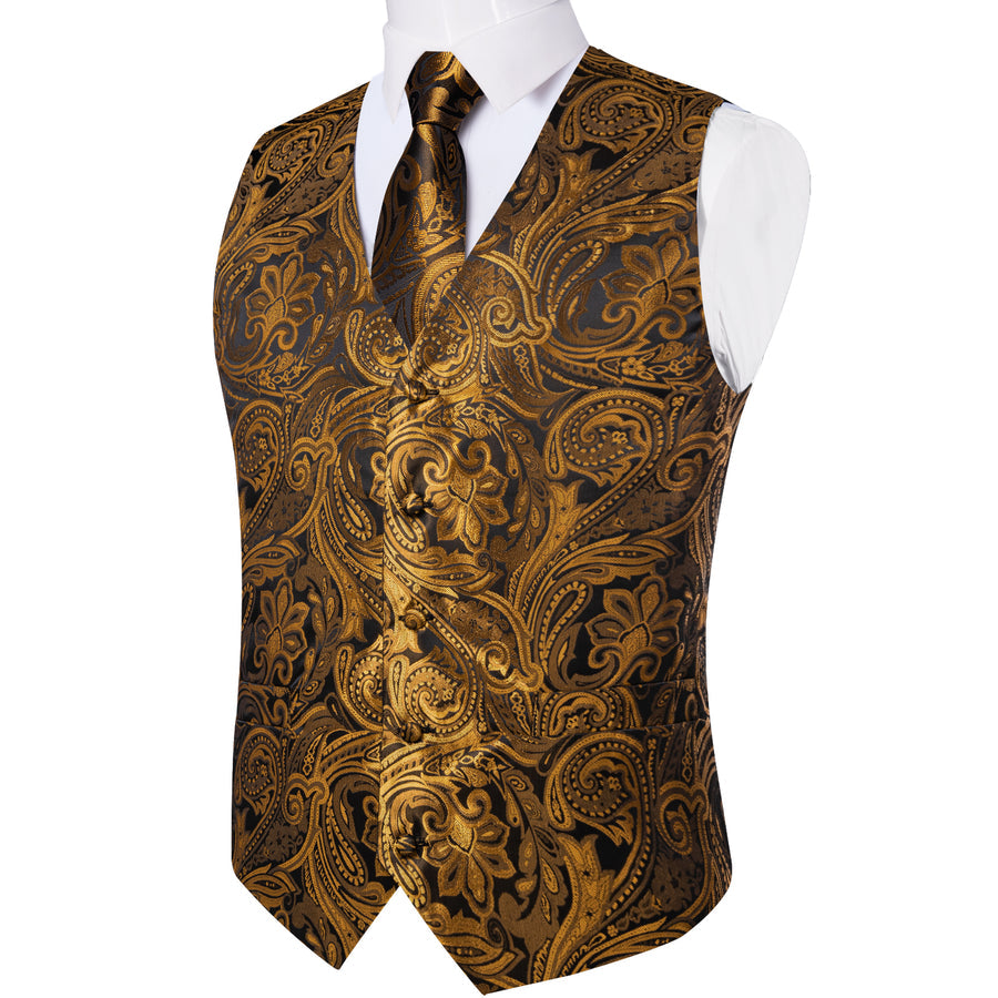 Gold Brown Paisley Flower Silk Vest Set vest set    - Sophisticated Gentlemen