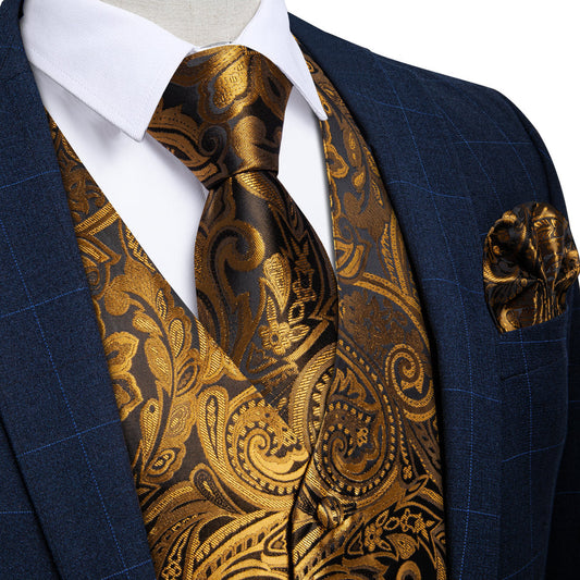 Gold Brown Paisley Flower Silk Vest Set vest set S (Chest 40")   - Sophisticated Gentlemen