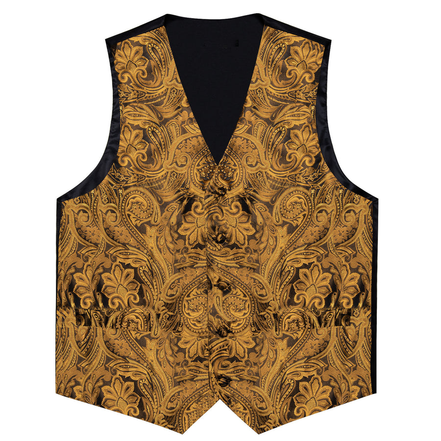 Gold Brown Paisley Flower Silk Vest Set vest set    - Sophisticated Gentlemen
