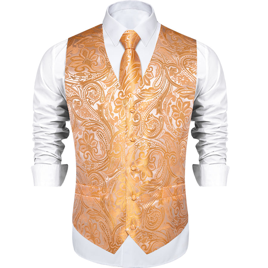 Orange Paisley Flower Silk Men's Vest Set vest set    - Sophisticated Gentlemen