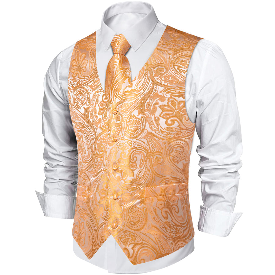Orange Paisley Flower Silk Men's Vest Set vest set    - Sophisticated Gentlemen