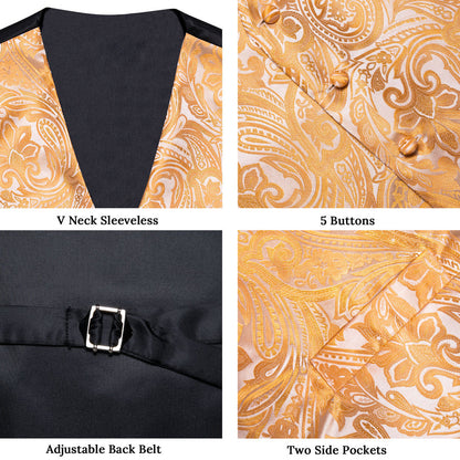 Orange Paisley Flower Silk Men's Vest Set vest set    - Sophisticated Gentlemen
