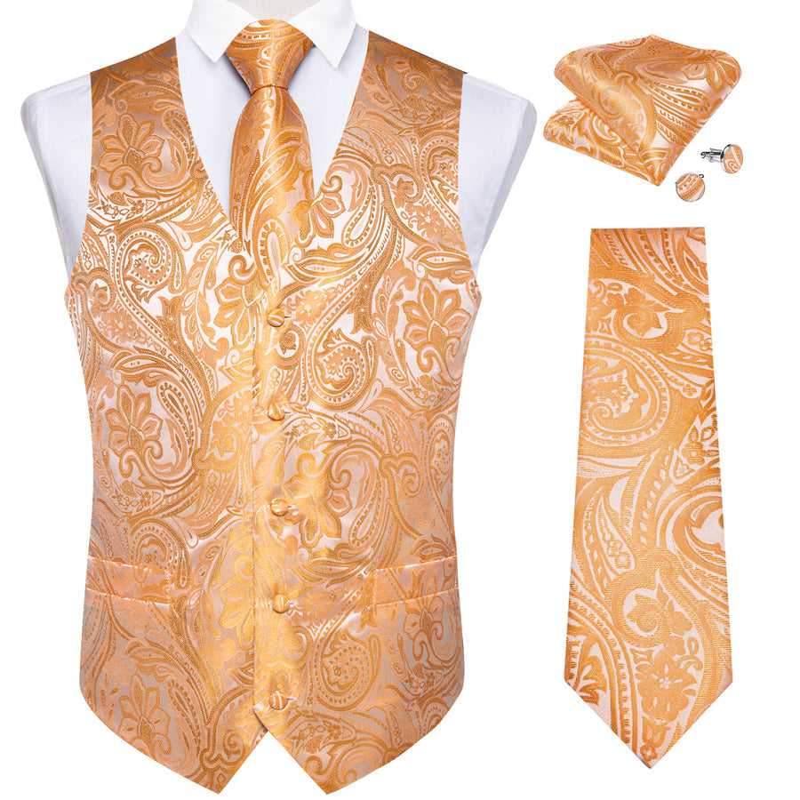 Orange Paisley Flower Silk Men's Vest Set vest set    - Sophisticated Gentlemen
