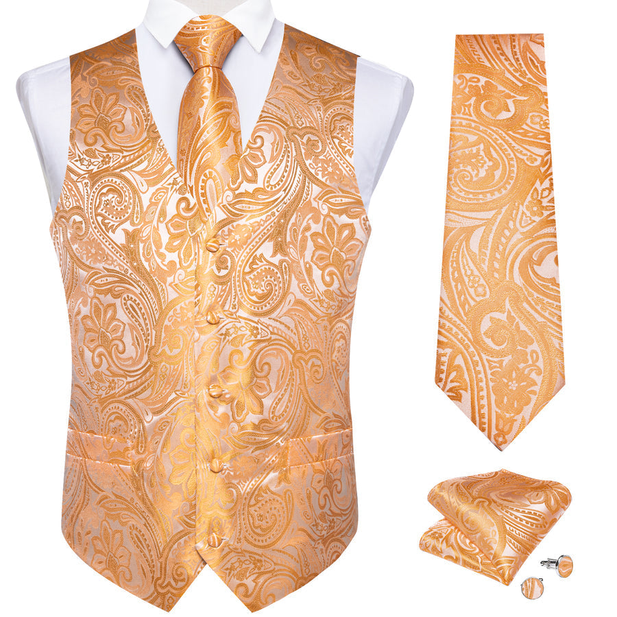Orange Paisley Flower Silk Men's Vest Set vest set    - Sophisticated Gentlemen