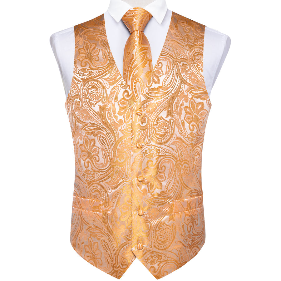 Orange Paisley Flower Silk Men's Vest Set vest set    - Sophisticated Gentlemen