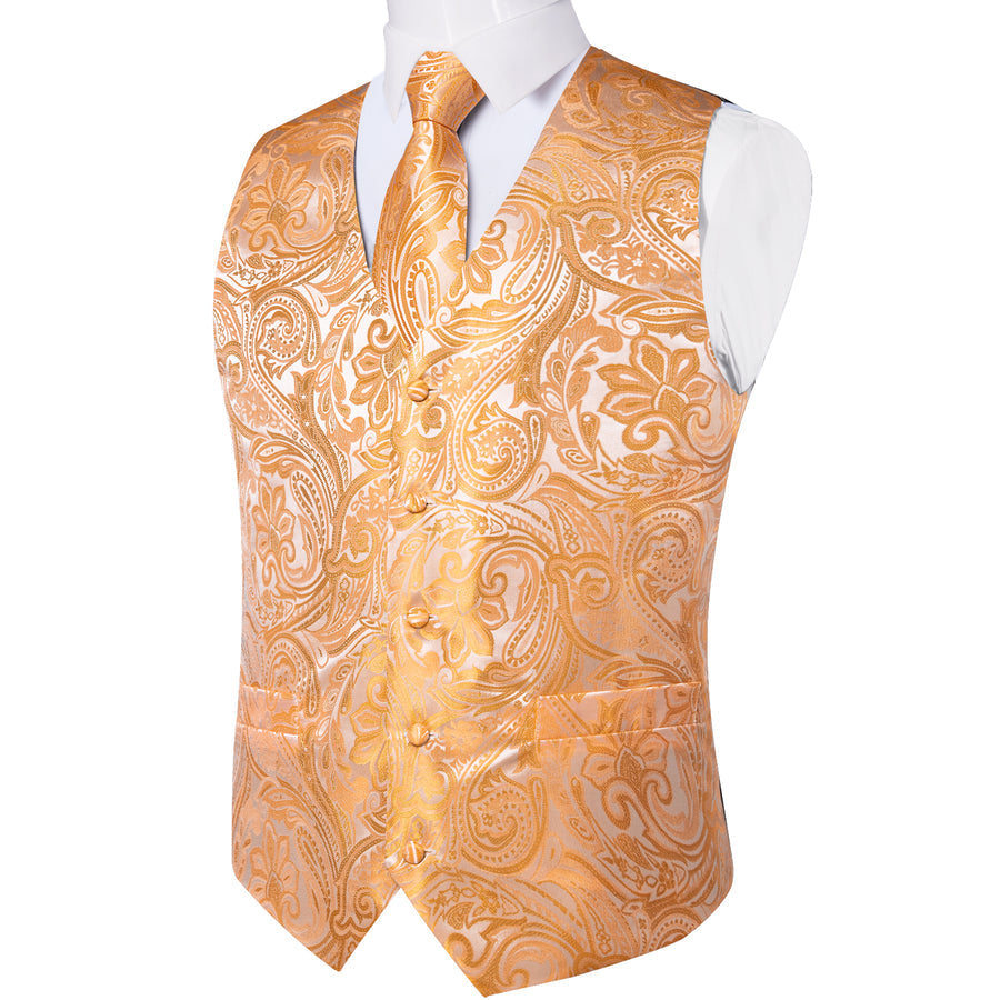 Orange Paisley Flower Silk Men's Vest Set vest set    - Sophisticated Gentlemen