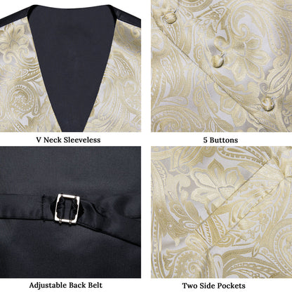Beige Paisley Floral Silk Vest Set - 4 Piece vest set    - Sophisticated Gentlemen