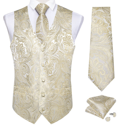 Beige Paisley Floral Silk Vest Set - 4 Piece vest set    - Sophisticated Gentlemen