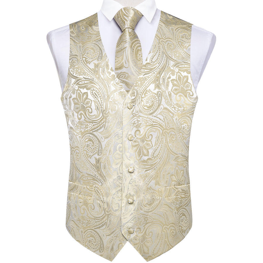 Beige Paisley Floral Silk Vest Set - 4 Piece vest set    - Sophisticated Gentlemen