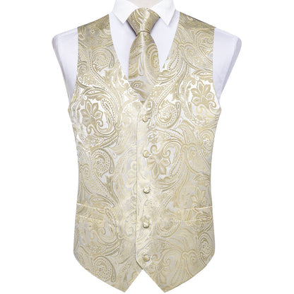 Beige Paisley Floral Silk Vest Set - 4 Piece vest set    - Sophisticated Gentlemen