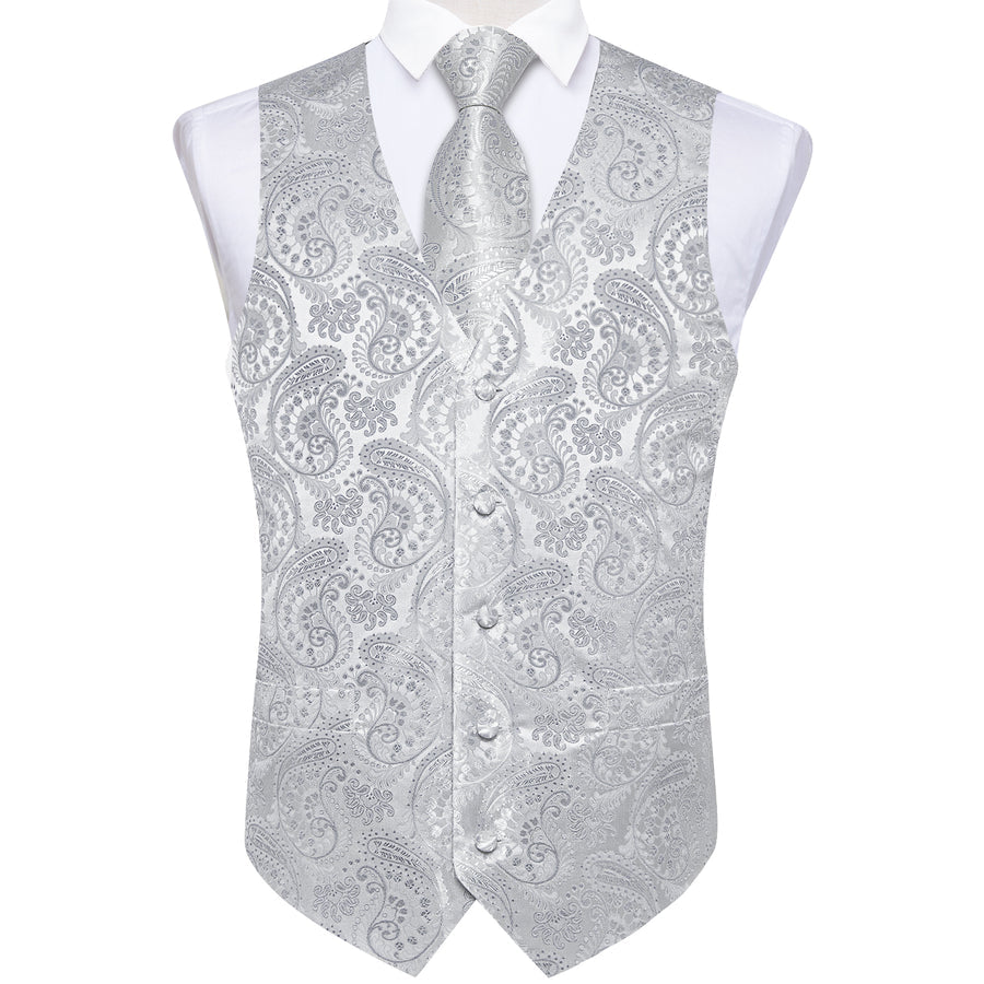 Silver Paisley Jacquard Silk Vest Set vest set    - Sophisticated Gentlemen