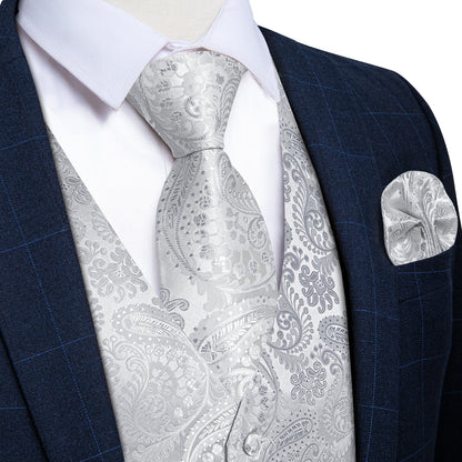 Silver Paisley Jacquard Silk Vest Set vest set S (Chest 40")   - Sophisticated Gentlemen