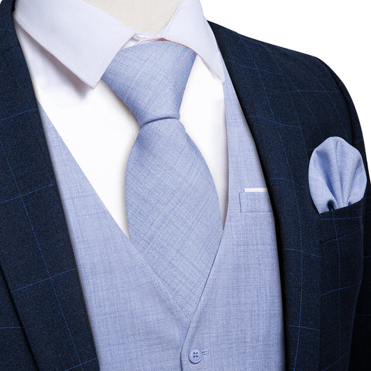 Light Blue Solid Jacquard Men's Vest Set vest set S (Chest 40")   - Sophisticated Gentlemen