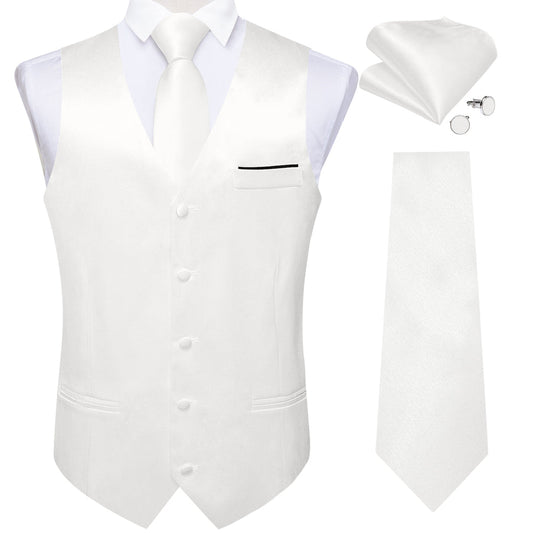 White Solid Shining Silk Men's Bowtie Vest Set vest set S (Chest 40")   - Sophisticated Gentlemen