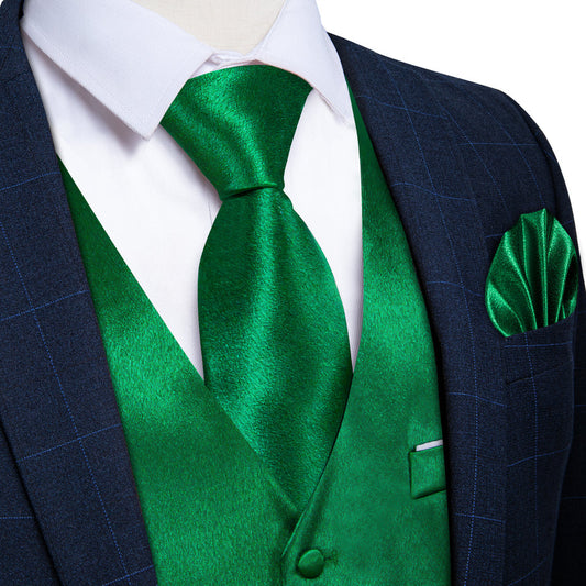 New Green Solid Shining Silk Men's Vest Set vest set S (Chest 40")   - Sophisticated Gentlemen