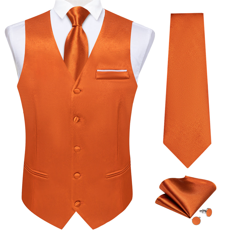 New Orange Solid Shining Silk Vest Set vest set    - Sophisticated Gentlemen
