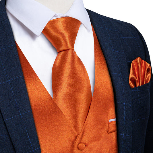 New Orange Solid Shining Silk Vest Set vest set S (Chest 40")   - Sophisticated Gentlemen