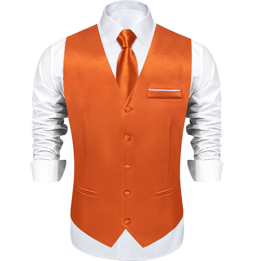 New Orange Solid Shining Silk Vest Set vest set    - Sophisticated Gentlemen