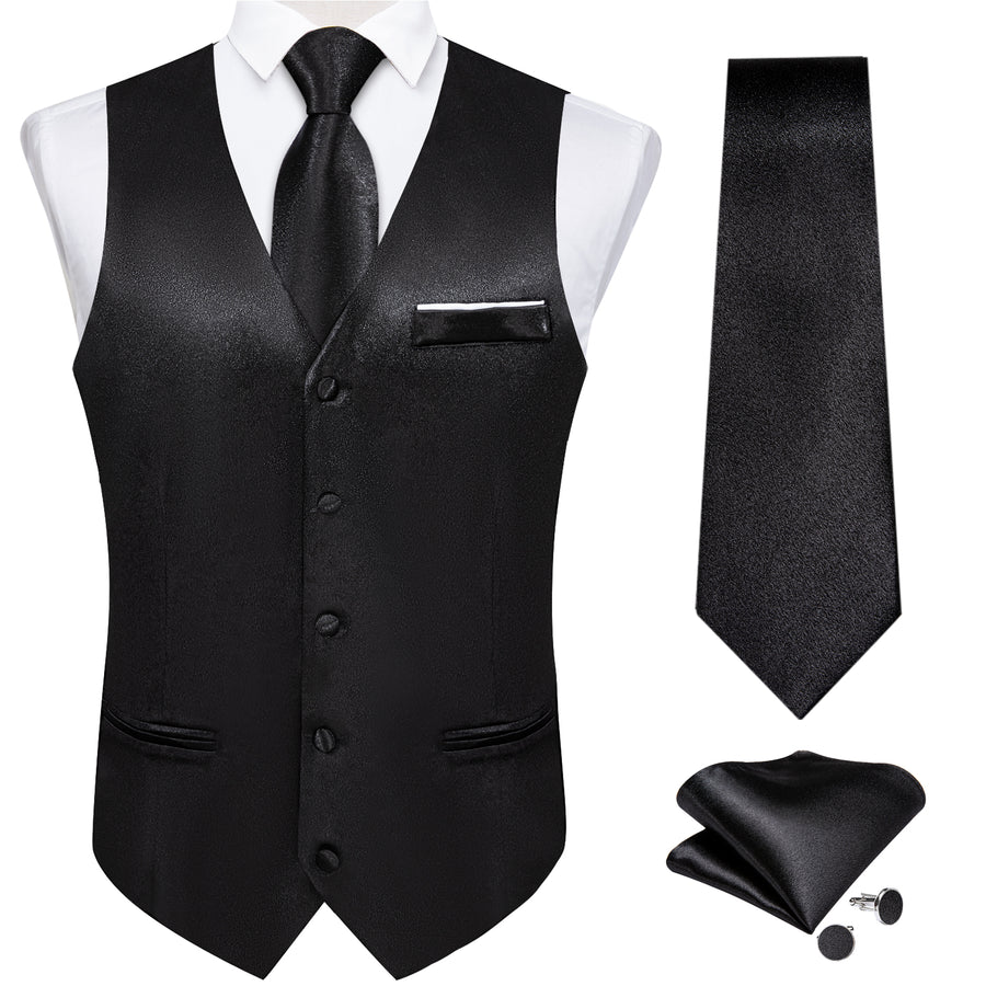 New Black Solid Shining Silk Men's Vest Set vest set    - Sophisticated Gentlemen