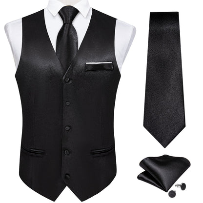 New Black Solid Shining Silk Men's Vest Set vest set    - Sophisticated Gentlemen