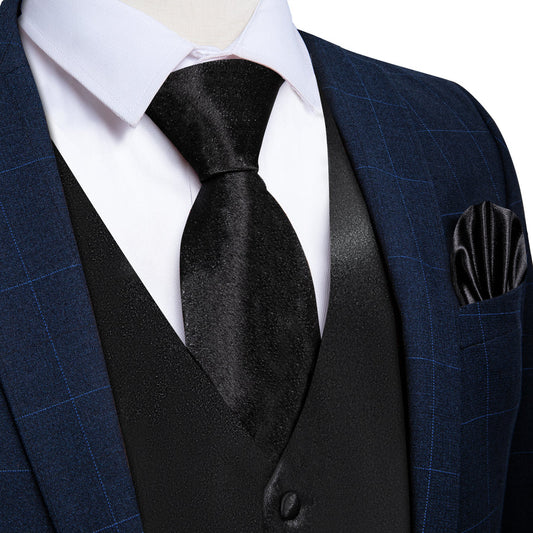 New Black Solid Shining Silk Men's Vest Set vest set S (Chest 40")   - Sophisticated Gentlemen
