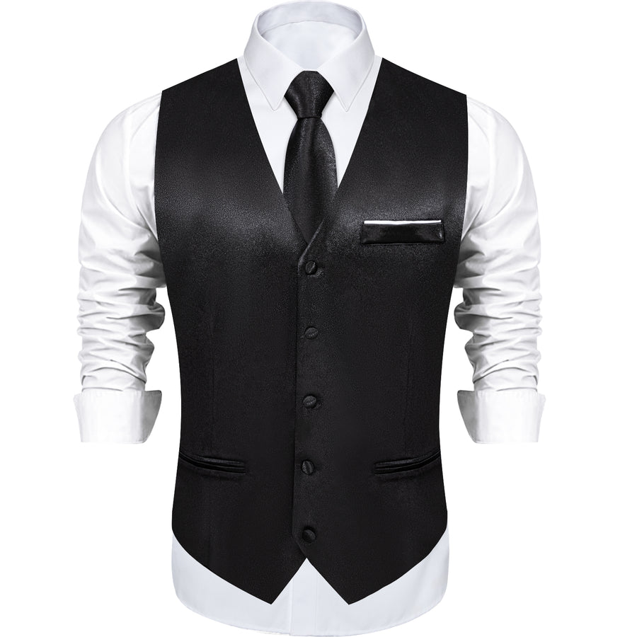 New Black Solid Shining Silk Men's Vest Set vest set    - Sophisticated Gentlemen