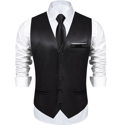 New Black Solid Shining Silk Men's Vest Set vest set    - Sophisticated Gentlemen