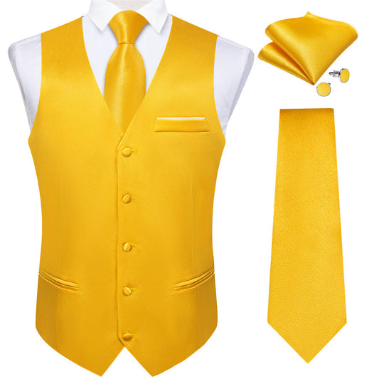 Brilliant Yellow Solid Shining Silk Men's Bowtie Vest Set vest set S (Chest 40")   - Sophisticated Gentlemen