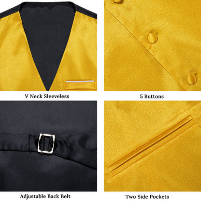 Brilliant Yellow Solid Shining Silk Men's Bowtie Vest Set vest set    - Sophisticated Gentlemen