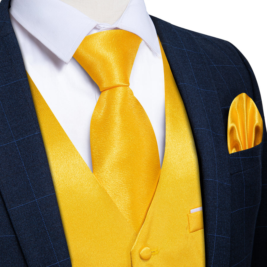 Brilliant Yellow Solid Shining Silk Men's Bowtie Vest Set vest set    - Sophisticated Gentlemen