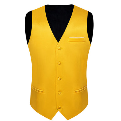 Brilliant Yellow Solid Shining Silk Men's Bowtie Vest Set vest set    - Sophisticated Gentlemen