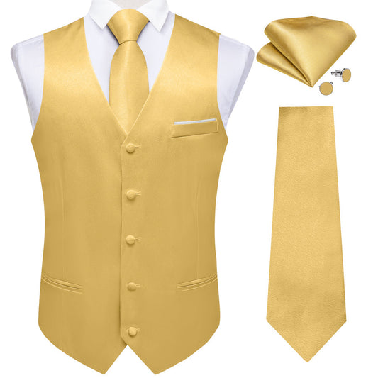 Light Yellow Solid Shining Silk Men's Bowtie Vest Set vest set S (Chest 40")   - Sophisticated Gentlemen