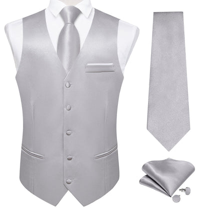 New Silver Solid Shining Silk Vest Set vest set    - Sophisticated Gentlemen