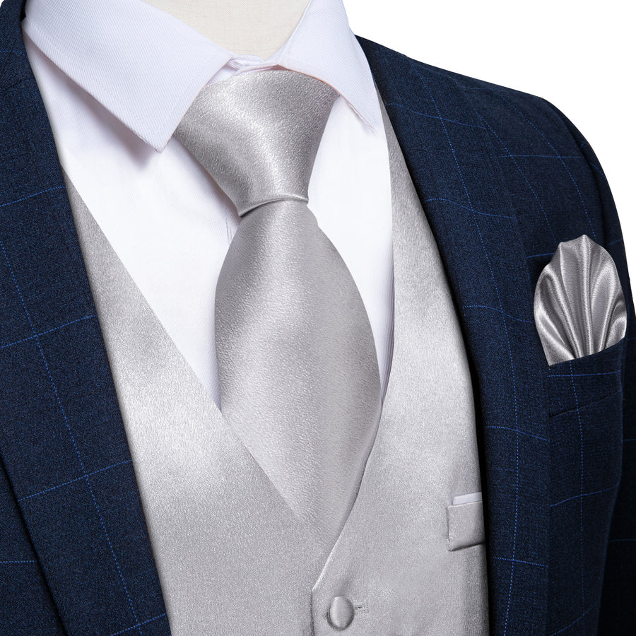 New Silver Solid Shining Silk Vest Set vest set S (Chest 40")   - Sophisticated Gentlemen