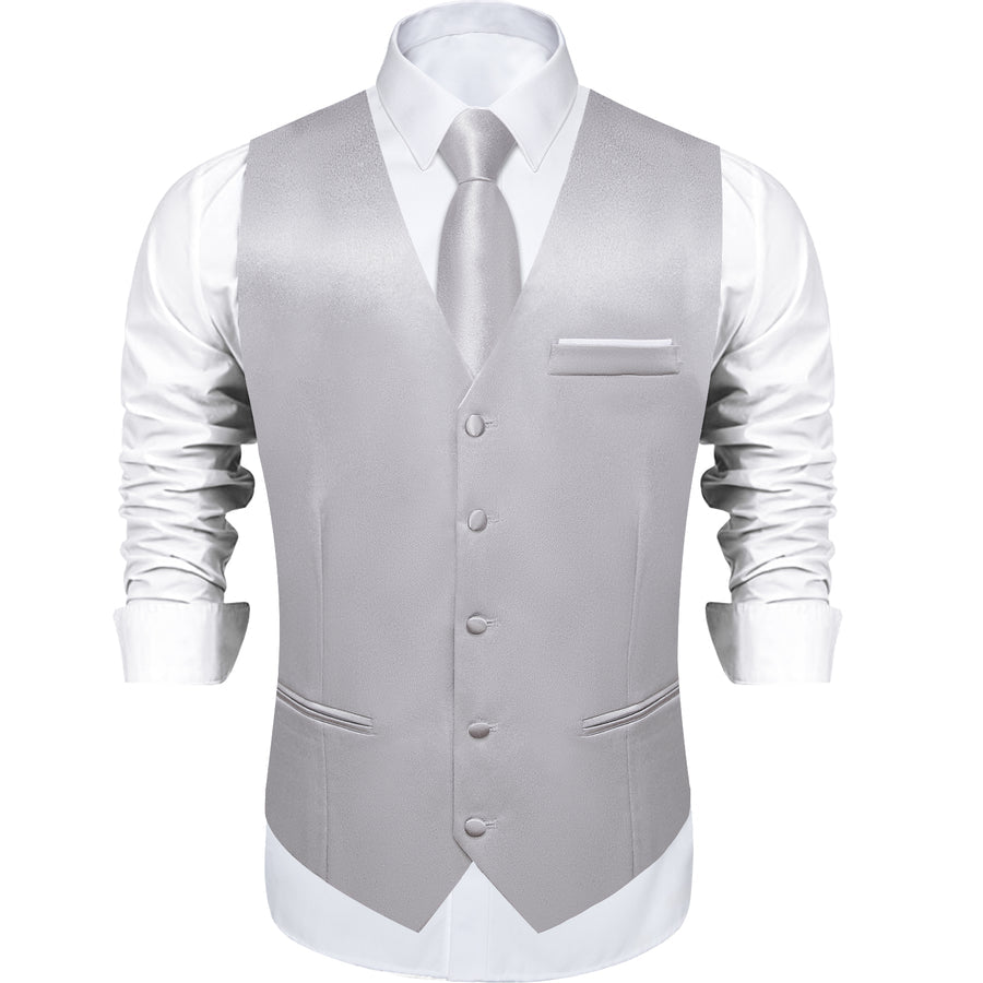 New Silver Solid Shining Silk Vest Set vest set    - Sophisticated Gentlemen