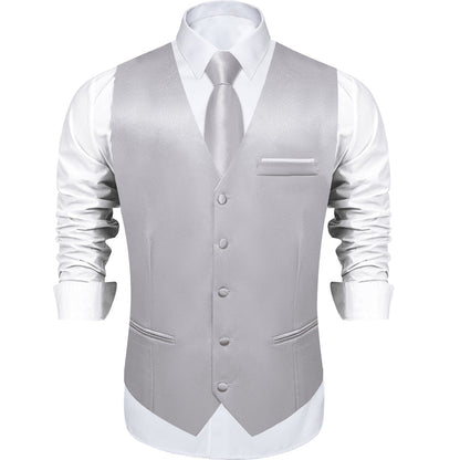 New Silver Solid Shining Silk Vest Set vest set    - Sophisticated Gentlemen