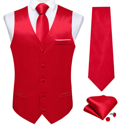 New Red Solid Shining Silk Men's Bowtie Vest Set vest set    - Sophisticated Gentlemen