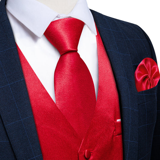 New Red Solid Shining Silk Men's Bowtie Vest Set vest set S (Chest 40")   - Sophisticated Gentlemen