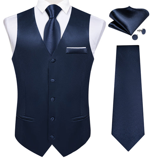 Navy Blue Solid Shining Silk Men's Bowtie Vest Set vest set S (Chest 40")   - Sophisticated Gentlemen