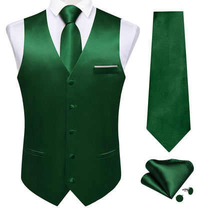 Dark Green Solid Shining Silk Vest Set vest set    - Sophisticated Gentlemen