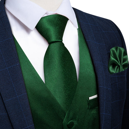 Dark Green Solid Shining Silk Vest Set vest set S (Chest 40")   - Sophisticated Gentlemen