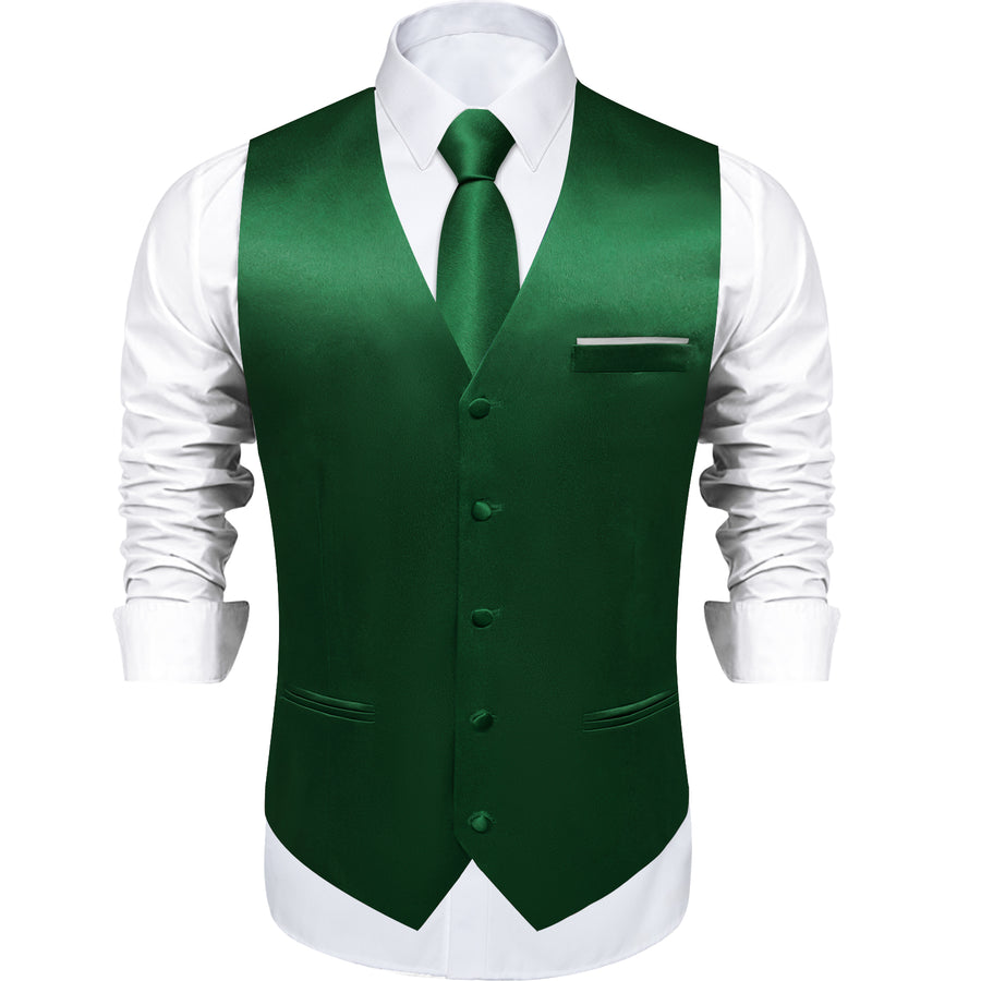 Dark Green Solid Shining Silk Vest Set vest set    - Sophisticated Gentlemen