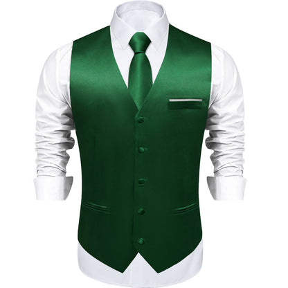 Dark Green Solid Shining Silk Vest Set vest set    - Sophisticated Gentlemen