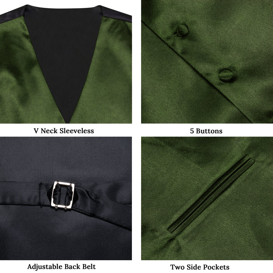 Olive Green Solid Shining Silk Men's Bowtie Vest Set vest set    - Sophisticated Gentlemen