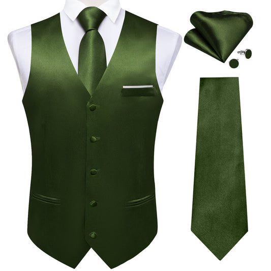 Olive Green Solid Shining Silk Men's Bowtie Vest Set vest set S (Chest 40")   - Sophisticated Gentlemen