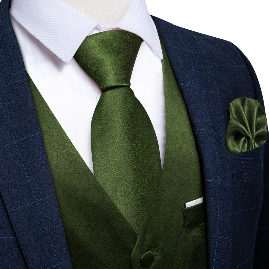 Olive Green Solid Shining Silk Men's Bowtie Vest Set vest set    - Sophisticated Gentlemen