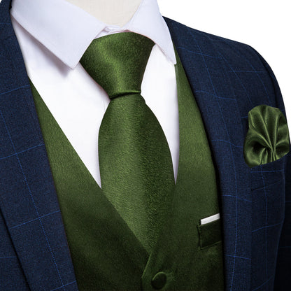 Olive Green Solid Shining Silk Men's Bowtie Vest Set vest set    - Sophisticated Gentlemen